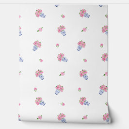 ブルーシノワズリーにピンクのアジサイの花瓶&開花 壁紙