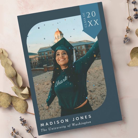 ブルーシモダンック写真卒業パーティー招待状 招待状