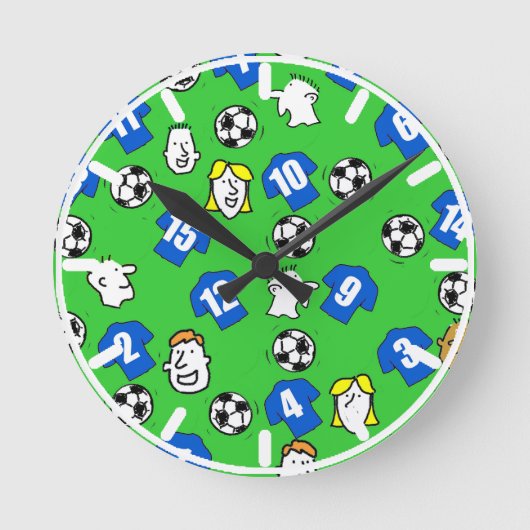 ブルーシャツ付きサッカーシャツデザイン ラウンド壁時計 (正面)
