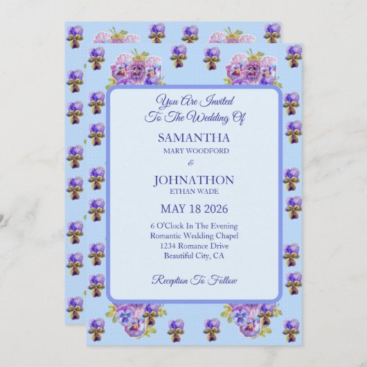 ブルーシャビーシックフラワー結婚式招待状 招待状 (正面/裏面)