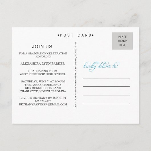 ブルーシャルボード卒業パーティー招待状はがき インビテーションポストカード (裏面)