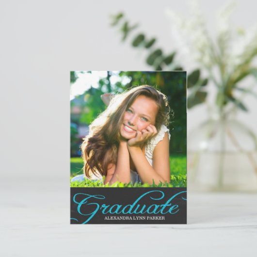 ブルーシャルボード卒業パーティー招待状はがき インビテーションポストカード (スタンド正面)