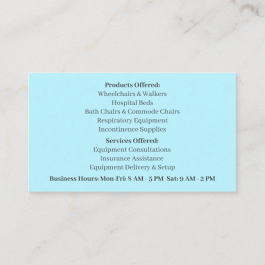 ブルーシャワーチェア装置メディカルシニアシニ気にア 名刺 (裏面)