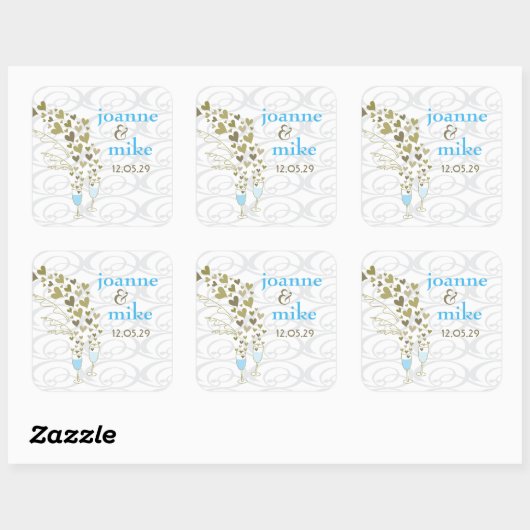 ブルーシャンパン応援&金ゴールドハートシック結婚ズ スクエアシール (シート)