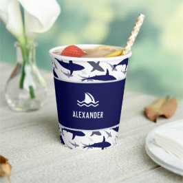 ブルーシャークパターンとネームボーイバースデーパーティー 紙コップ