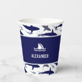 ブルーシャークパターンとネームボーイバースデーパーティー 紙コップ (正面)