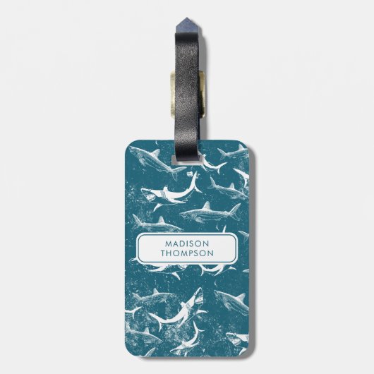 ブルーシャーク動揺してパターンキッズ名前をカスタムする ラゲッジタグ (裏面縦)