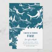 ブルーシャーク動揺してボーイズ誕生日パーティー 招待状 (正面/裏面)