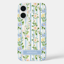 ブルーシュフラワーの水彩ストライプ オーダーメイド iPhone 16ケース