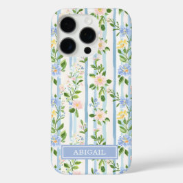 ブルーシュフラワーの水彩ストライプ オーダーメイド iPhone 16 PROケース