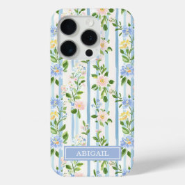 ブルーシュブシュフラワーの水彩ストライプ オーダーメイド iPhone 15 PROケース