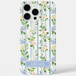 ブルーシュブシュフラワーの水彩ストライプ オーダーメイド iPhone 16 PRO MAXケース