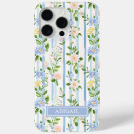 ブルーシュブシュフラワーの水彩ストライプ オーダーメイド iPhone 15 PRO MAXケース