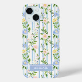 ブルーシュブシュフラワーの水彩ストライプ オーダーメイド iPhone 15ケース
