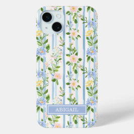 ブルーシュブシュフラワーの水彩ストライプ オーダーメイド iPhone 15 MINIケース