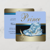 ブルーシューズブラック金ゴールドクラウンプリンスベビーシャワー 招待状 (正面/裏面)