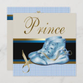 ブルーシューズブラック金ゴールドクラウンプリンスベビーシャワー 招待状 (正面/裏面)