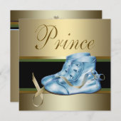 ブルーシューズ金ゴールドクラウンプリンスベビーシャワー 招待状 (正面/裏面)