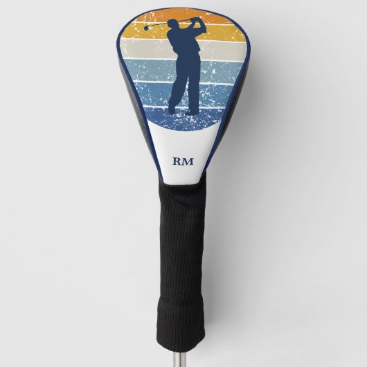 ブルーシルエットゴルファーonレトロストライプゴルフ ゴルフヘッドカバー (正面)