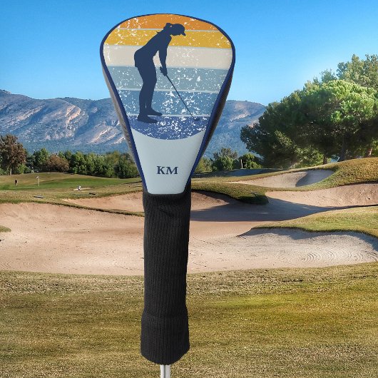 ブルーシルエット女子ゴルファーレトロストライプ ゴルフヘッドカバー