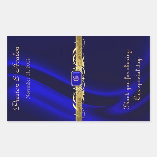 ブルーシルク金ゴールドス結婚クロールのワインシール 長方形シール (正面)