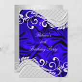 ブルーシルク&シルバースワール誕生日のお知らせ 招待状 (正面/裏面)