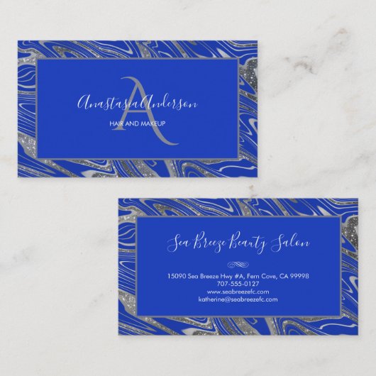 ブルーシルバガーリーーマーブルグリッターモノグラム 名刺 (正面/裏面)