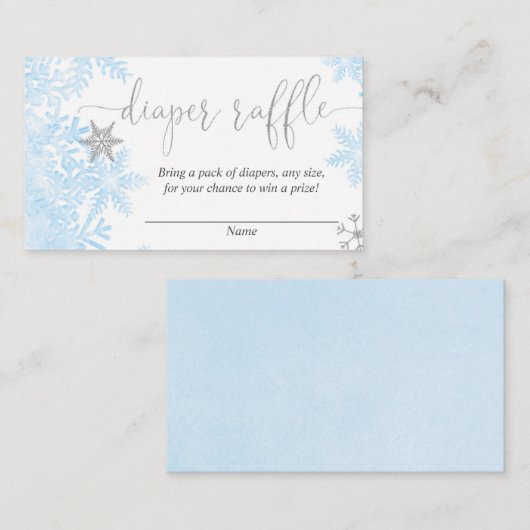 ブルーシルバーのスノーフレークベビーシャワーおむつラッフル エンクロージャーカード (正面/裏面)