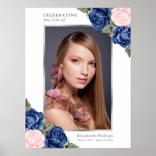 ブルーシルバーのメモリアル葬儀写真ウェルカムサイン ポスター (正面)