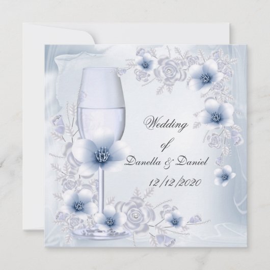 ブルーシルバーの結婚式、プロポーズ、記念日 招待状 (正面)