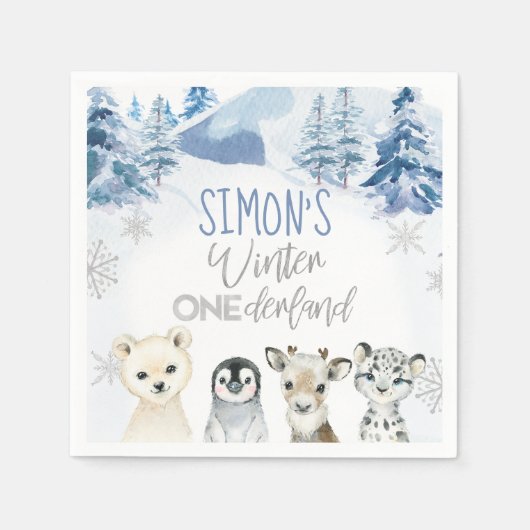 ブルーシルバーアークティックウィンターオネダーランド誕生日 スタンダードカクテルナプキン (正面)