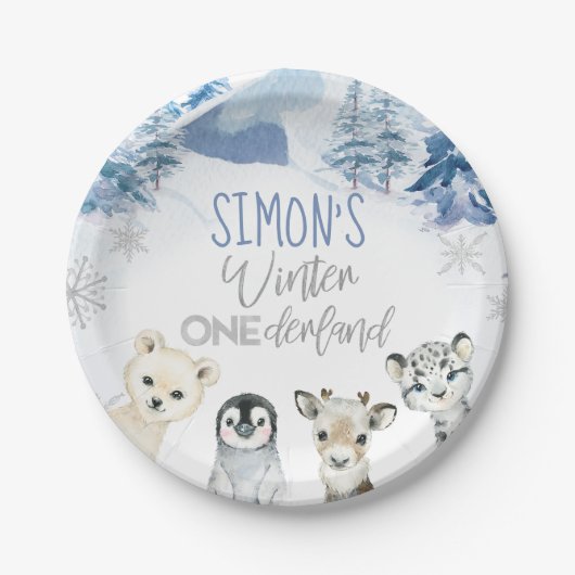 ブルーシルバーアークティックウィンターオネダーランド誕生日 ペーパープレート (正面)