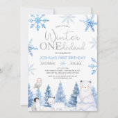 ブルーシルバーウィンターアニマルズオンダーランド誕生日 招待状 (正面)