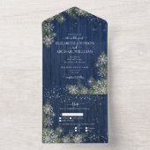 ブルーシルバーウィンターウッドプレ素朴イド結婚の+メニュー オールインワン招待状 (内側)