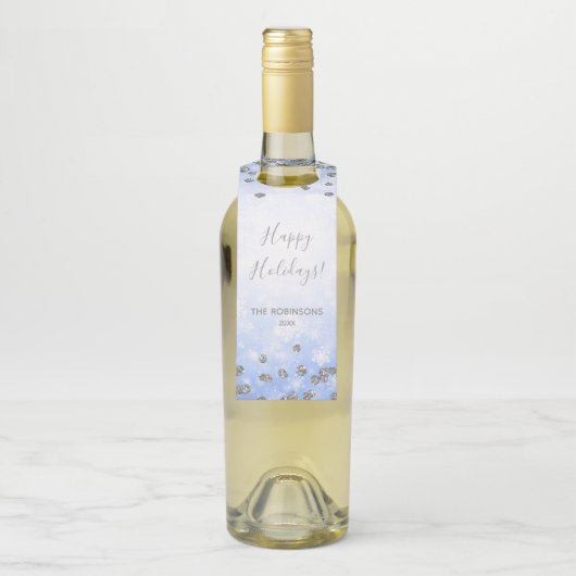 ブルーシルバーウィンターグリッターハッピーホリデーズファミリー ボトルネックタグ (ボトル)
