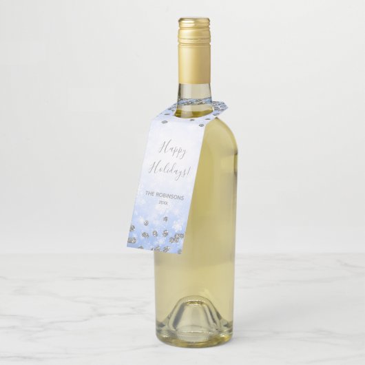 ブルーシルバーウィンターグリッターハッピーホリデーズファミリー ボトルネックタグ (アングル)