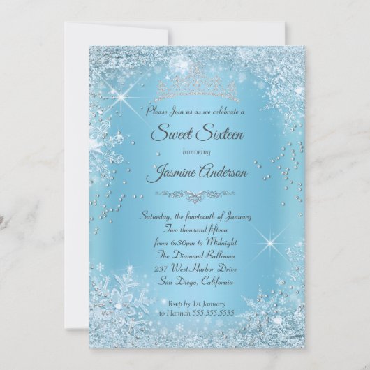 ブルーシルバーウィンターワンダーランドスウィート16ティアラ 招待状 (正面)
