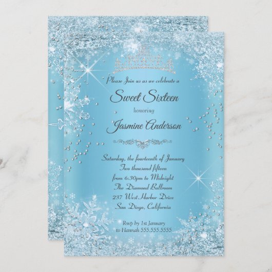 ブルーシルバーウィンターワンダーランドスウィート16ティアラ 招待状 (正面/裏面)