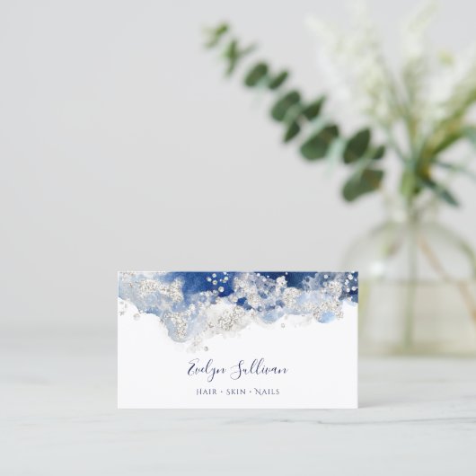 ブルーシルバーウォーターカラービジネスカード 名刺 (スタンド正面)