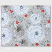 ブルーシルバーウォーターカラーフローラ ラッピングペーパー (フラット)