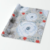 ブルーシルバーウォーターカラーフローラ ラッピングペーパー (アンロールド)