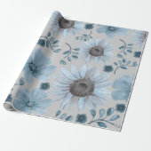 ブルーシルバーウォーターカラーフローラ ラッピングペーパー (アンロールド)
