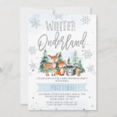 ブルーシルバーウッドランドオーネダーランドファースト誕生日 招待状 (正面)