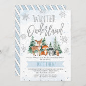 ブルーシルバーウッドランドオーネダーランドファースト誕生日 招待状 (正面/裏面)