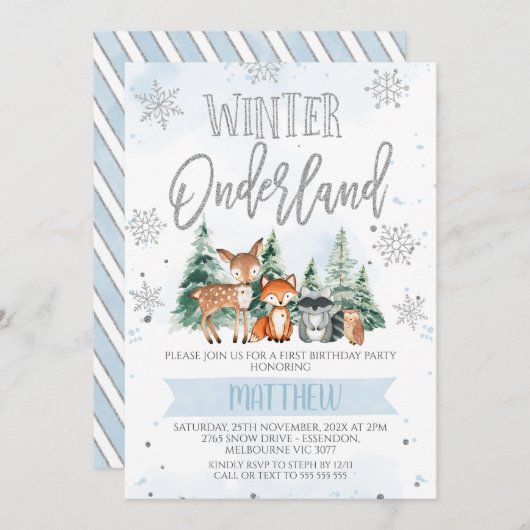 ブルーシルバーウッドランドオーネダーランドファースト誕生日 招待状 (正面/裏面)