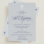 ブルーシルバーエレガントクロスボーイバプテスマ招待状 箔招待状