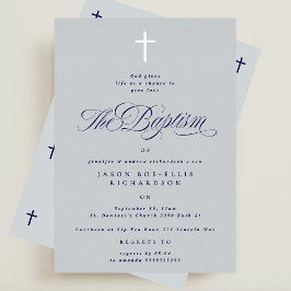 ブルーシルバーエレガントクロスボーイバプテスマ招待状 箔招待状