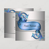 ブルーシルバーエレガントスウィートシックスティーン パーティー 招待状 (正面/裏面)