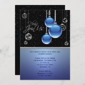 ブルーシルバークリスマスオーナメントズオンブラックパーティー 招待状 (正面/裏面)