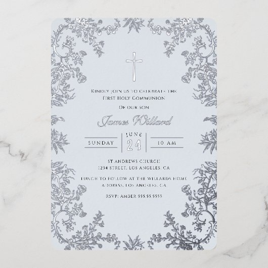 ブルーシルバークロスヴィンテージファーストコミュニオン 箔招待状 (正面)